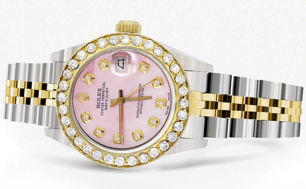 Womens Diamond Gold Rolex Watch | 1 Carat Bezel | 26Mm | Light Pink Pearl Dial | Jubilee Band FrostNYC 
