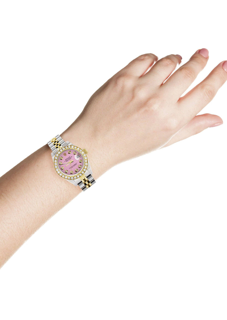 Womens Diamond Gold Rolex Watch | 1 Carat Bezel | 26Mm | Pink Dial | Jubilee Band FrostNYC 