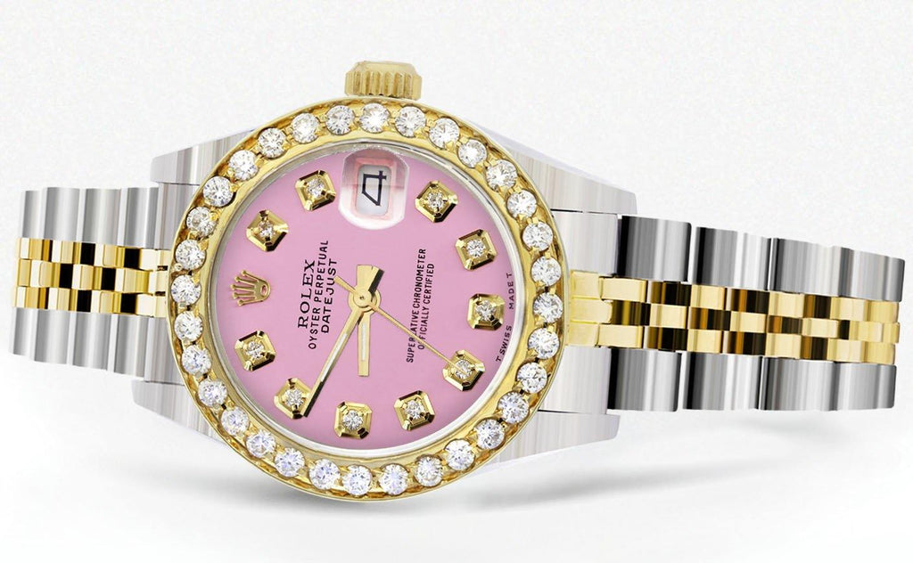 Womens Diamond Gold Rolex Watch | 1 Carat Bezel | 26Mm | Pink Dial | Jubilee Band FrostNYC 