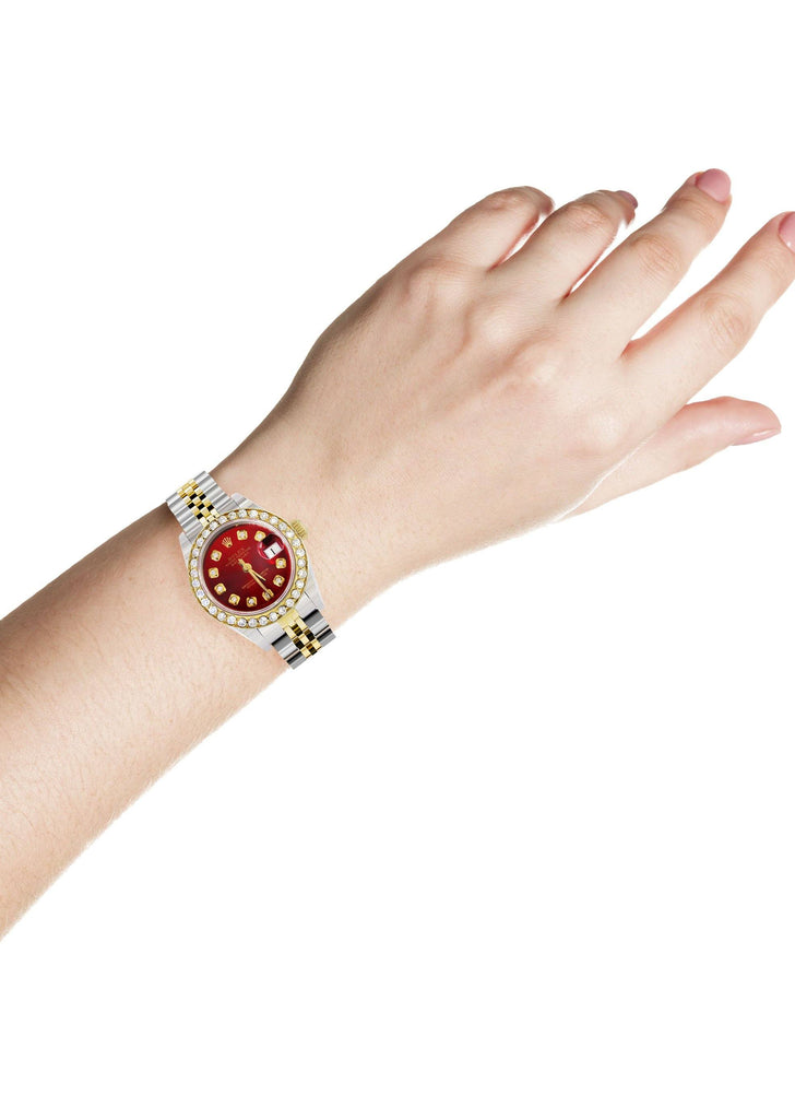 Womens Diamond Gold Rolex Watch | 1 Carat Bezel | 26Mm | Red Pearl Dial | Jubilee Band FrostNYC 