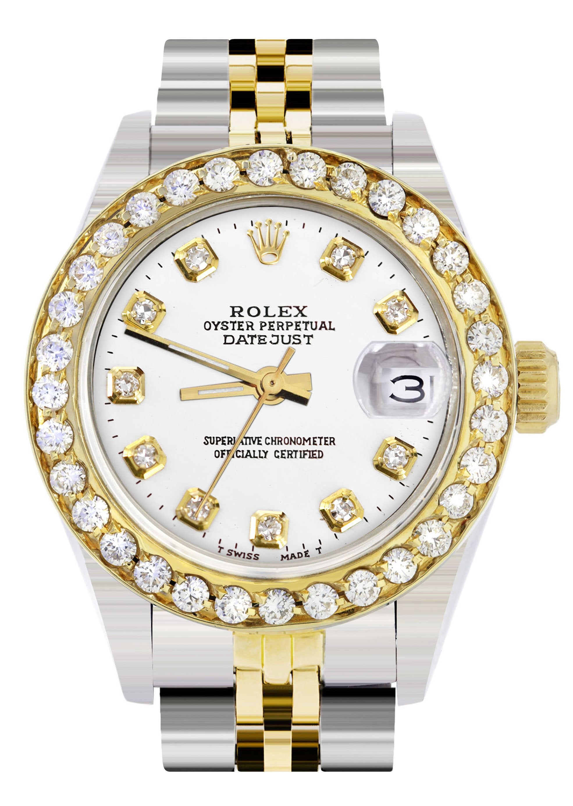 Womens Diamond Gold Rolex Watch Carat Bezel 26Mm White Dial