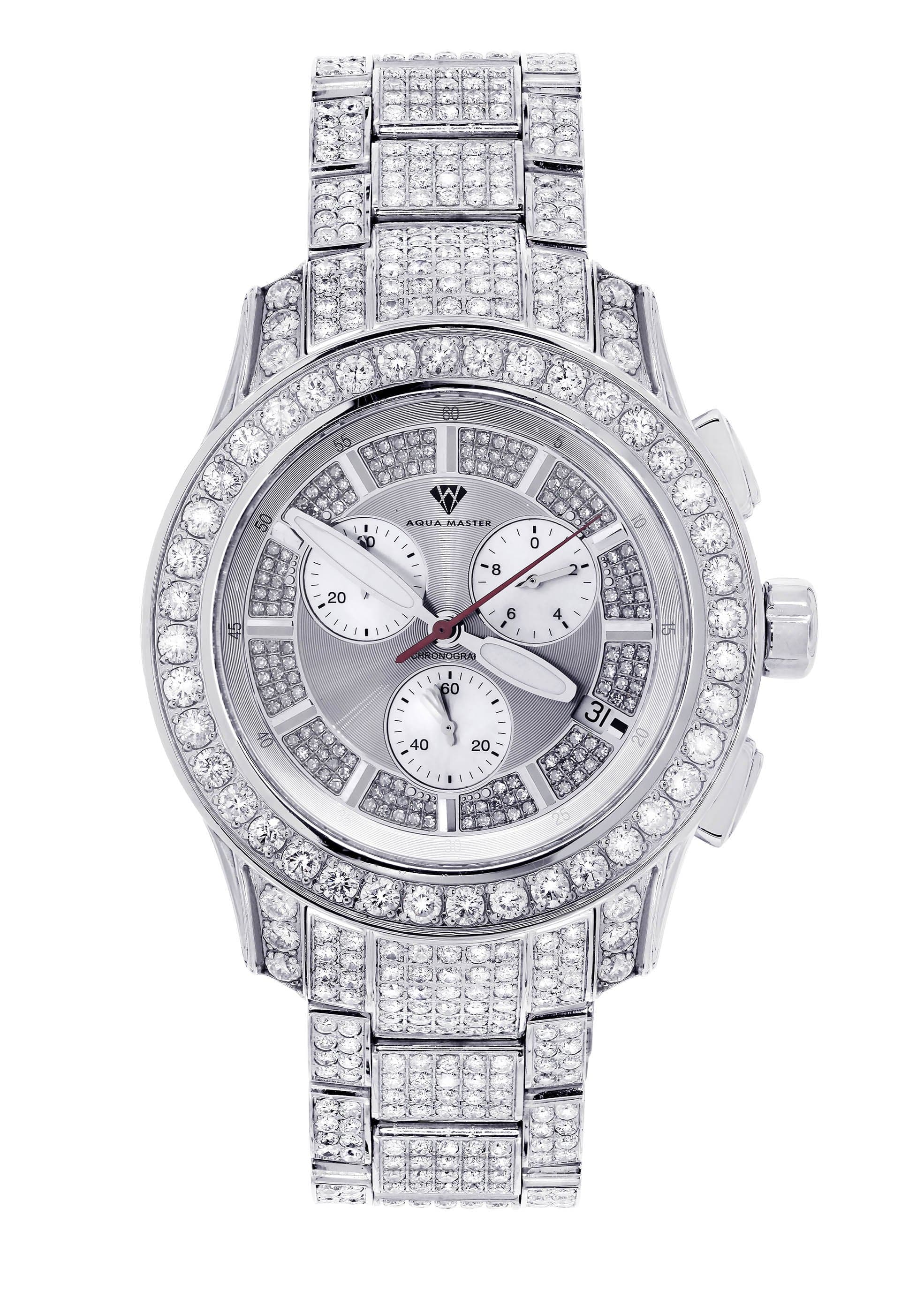 Mens White Gold Tone Diamond Watch 32 Carats1