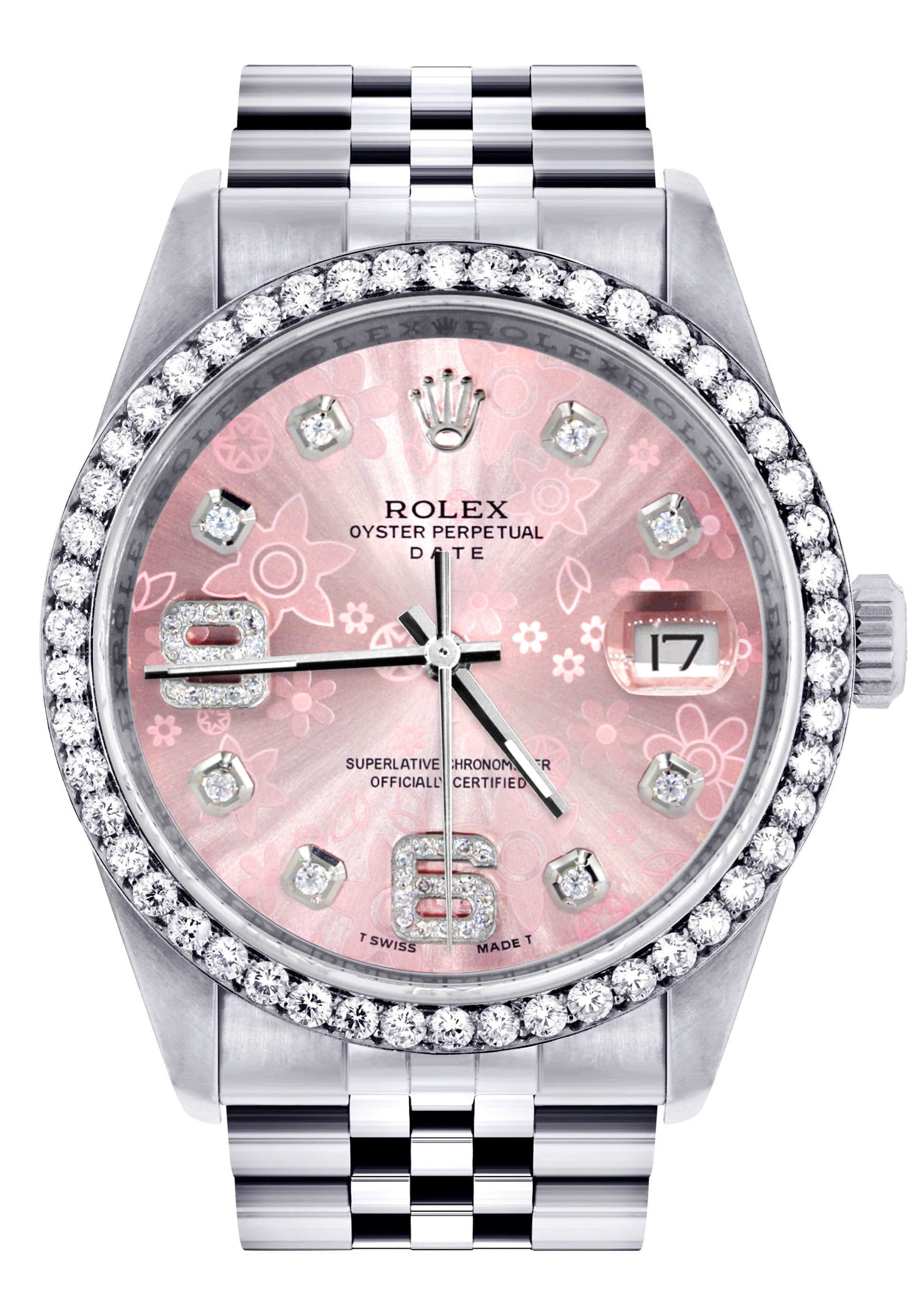 Mens Rolex Datejust Watch 16200 36Mm Pink Flower Diamond Dial Ju