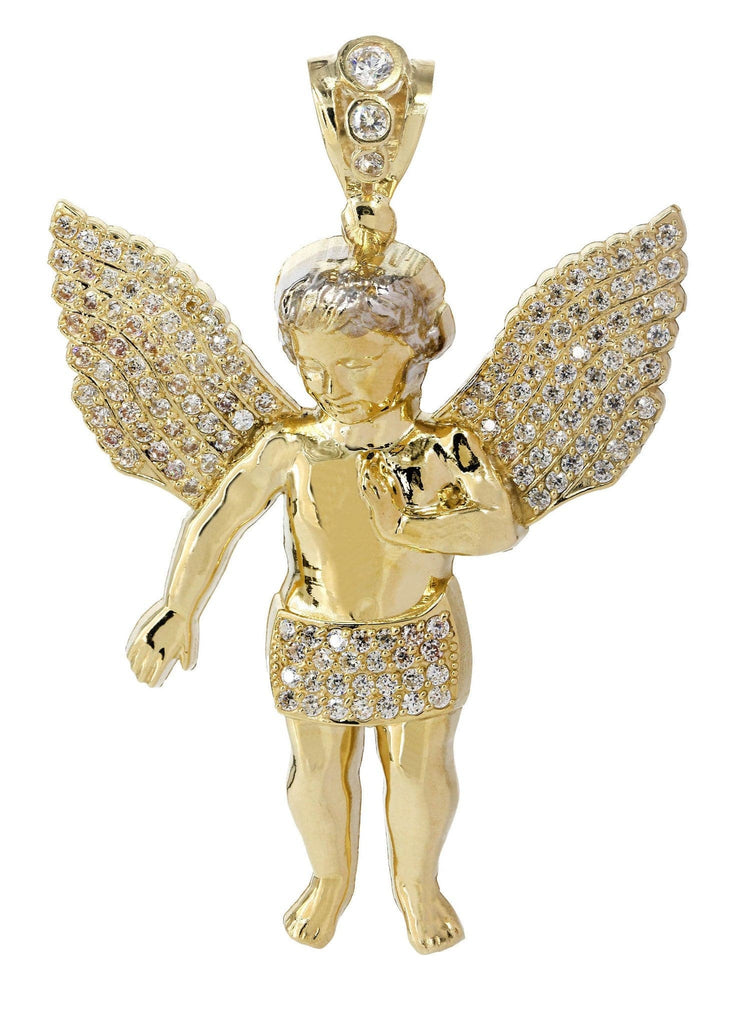 Big Angel & Cz 10K Yellow Gold Pendant. | 14.3 Grams MEN'S PENDANTS FROST NYC 