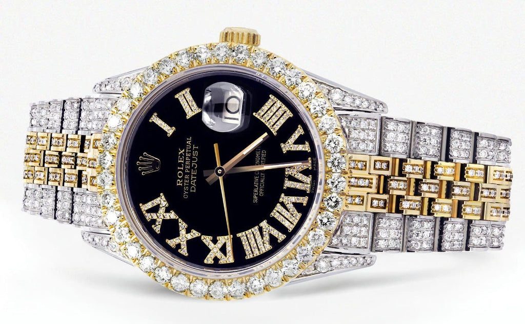 Iced Out Rolex Datejust 36 MM | Two Tone | 10 Carats of Diamonds | Black Roman Diamond Dial CUSTOM ROLEX FrostNYC 
