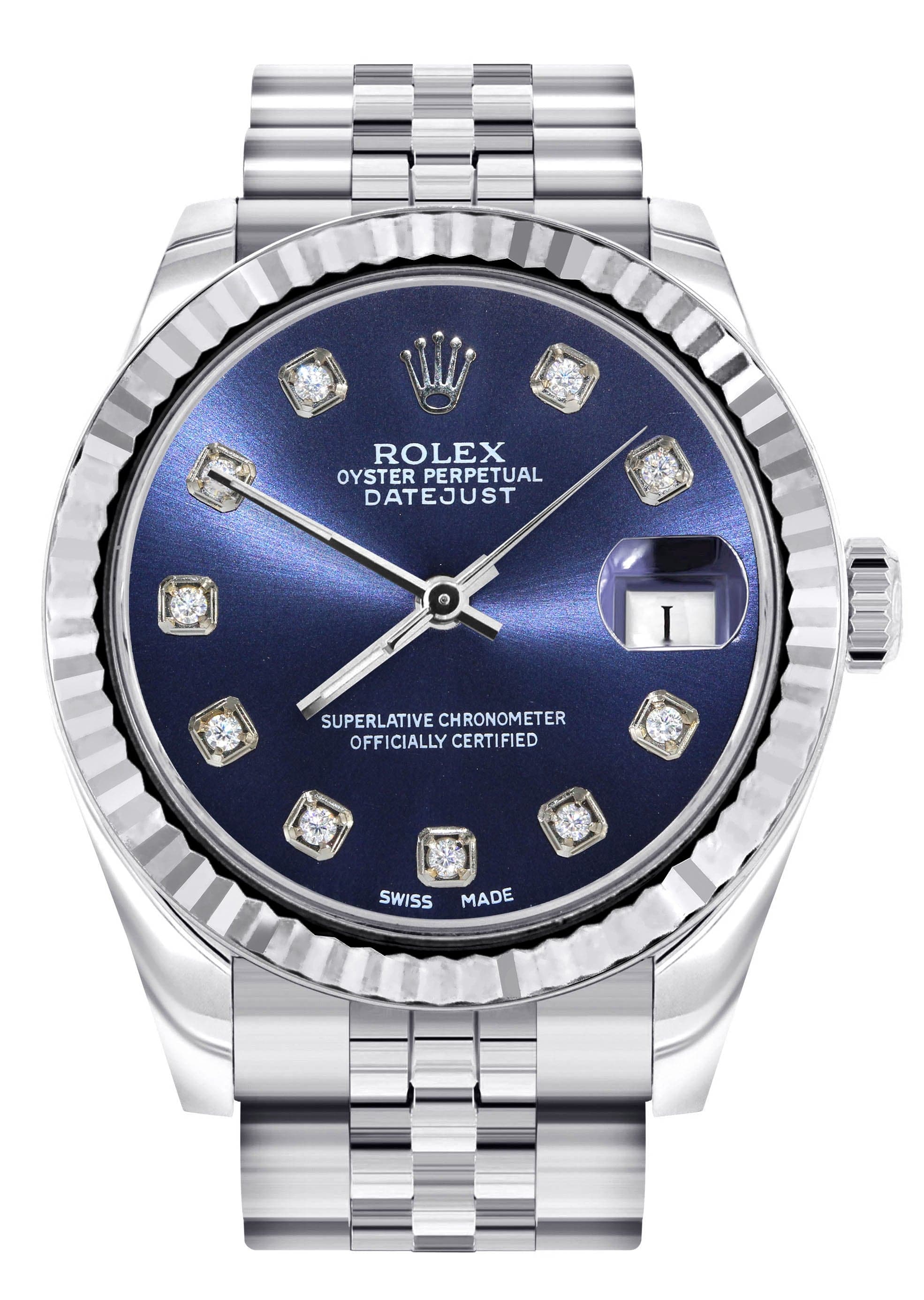 Diamond Rolex Watch 68274 Fluted Bezel 31MM Blue Diamond Dial
