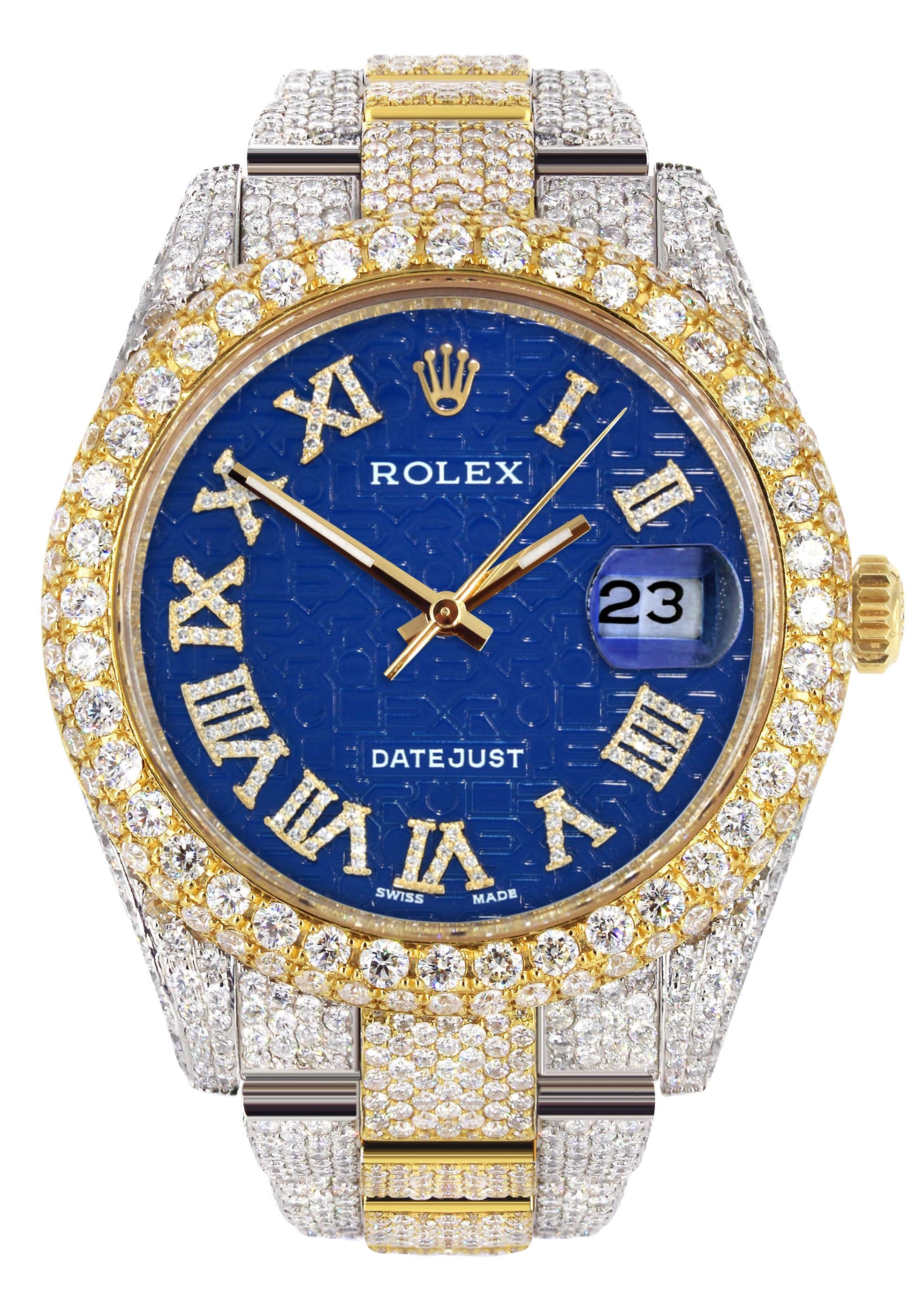 Diamond Iced Out Rolex Datejust 41 25 Carats Of Diamonds Blue Text