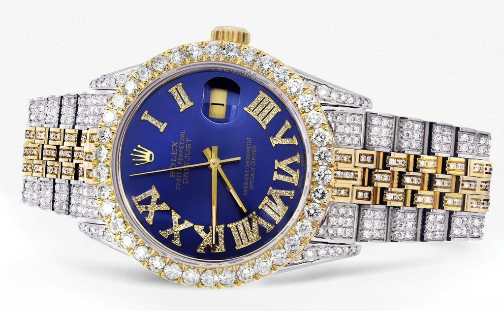 Iced Out Rolex Datejust 36 MM | Two Tone | 10 Carats of Diamonds | Blue Roman Diamond Dial CUSTOM ROLEX FrostNYC 