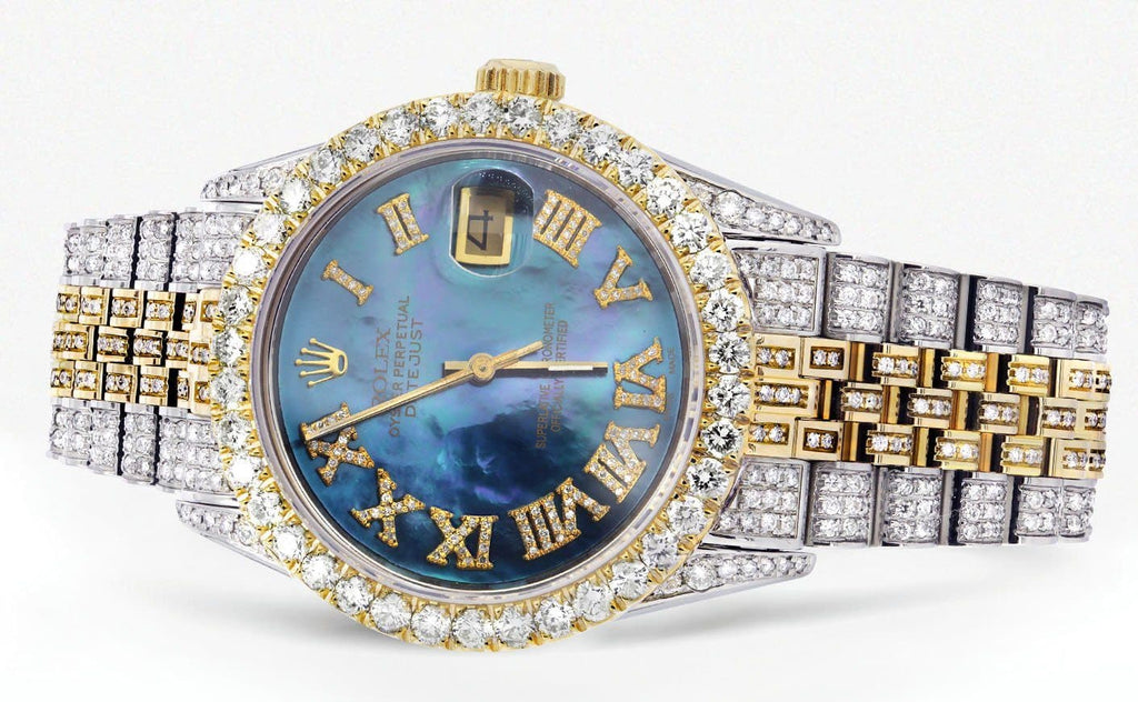 Iced Out Rolex Datejust 36 MM | Two Tone | 10 Carats of Diamonds | Blue Mother of Pearl Roman Diamond Dial CUSTOM ROLEX FrostNYC 