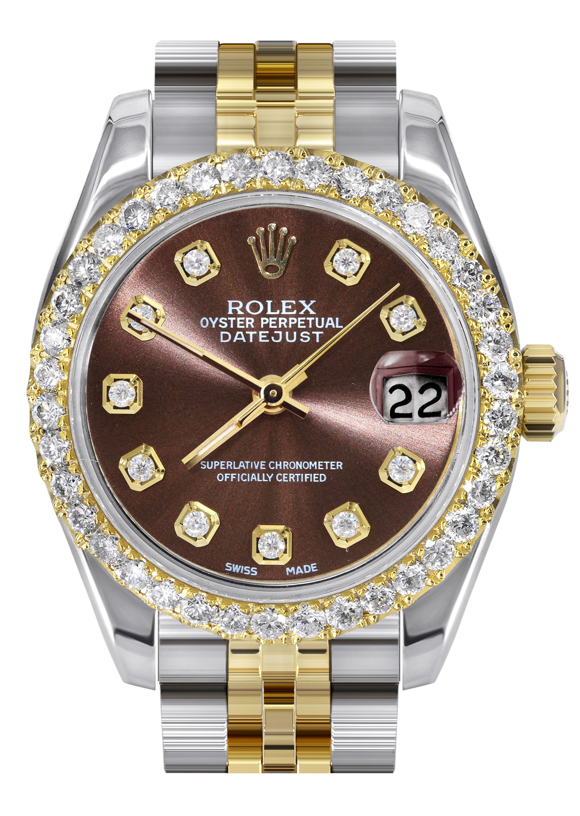 Womens Diamond Gold Hidden Clasp Rolex Watch | 1 Carat Bezel | 26Mm |