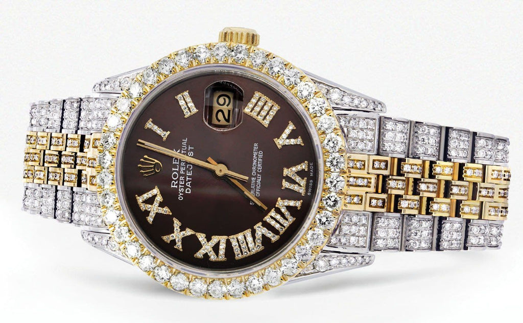 Iced Out Rolex Datejust 36 MM | Two Tone | 10 Carats of Diamonds | Chocolate Roman Diamond Dial CUSTOM ROLEX FrostNYC 