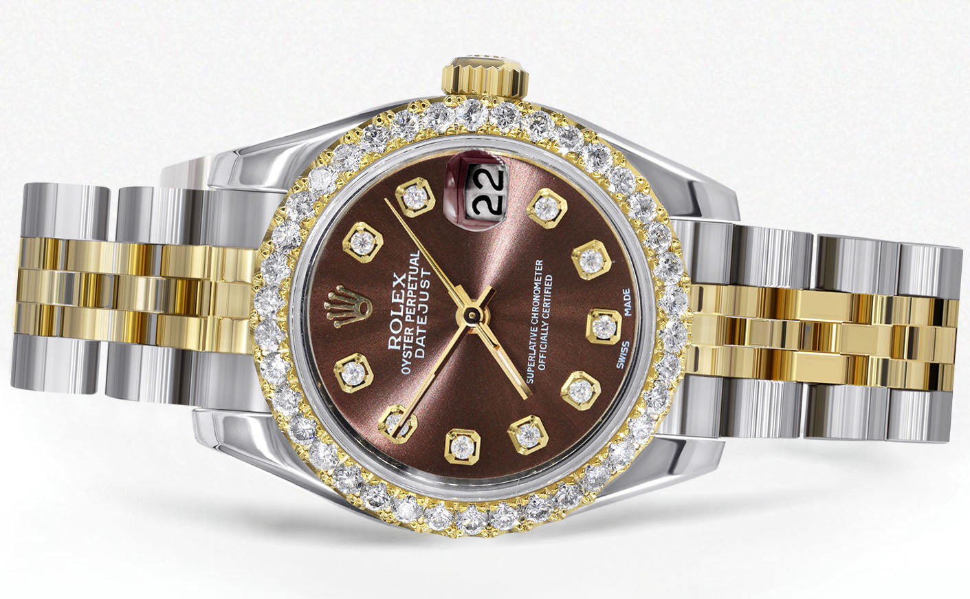 Womens Diamond Gold Hidden Clasp Rolex Watch | 1 Carat Bezel | 26Mm |