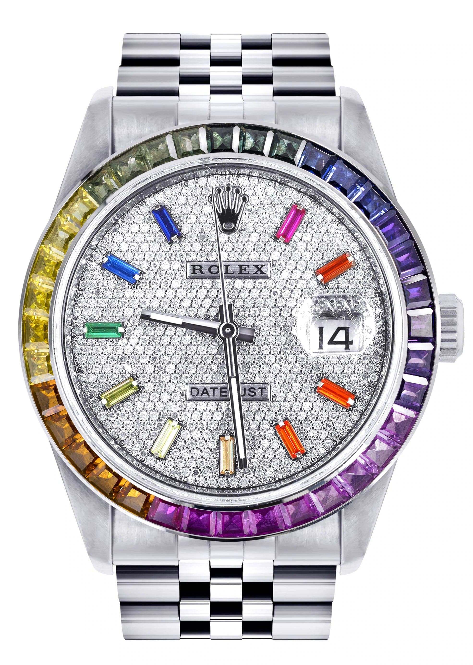 Diamond Gold Rolex Watch For Men 16200 36Mm Rainbow Sapphire Bezel