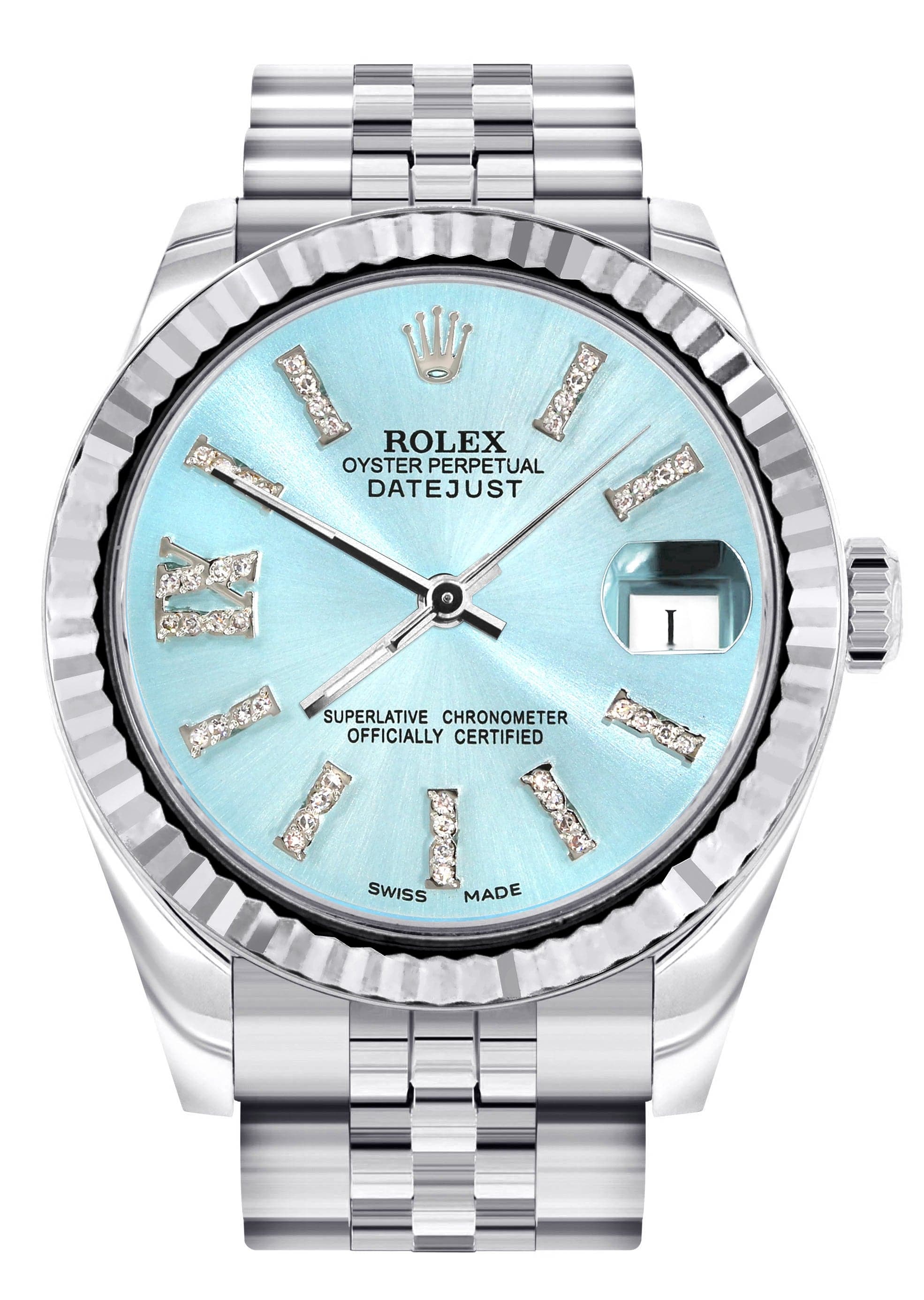 Diamond Rolex Horloge Gefluteerde Bezel 31MM Baby Blauwe