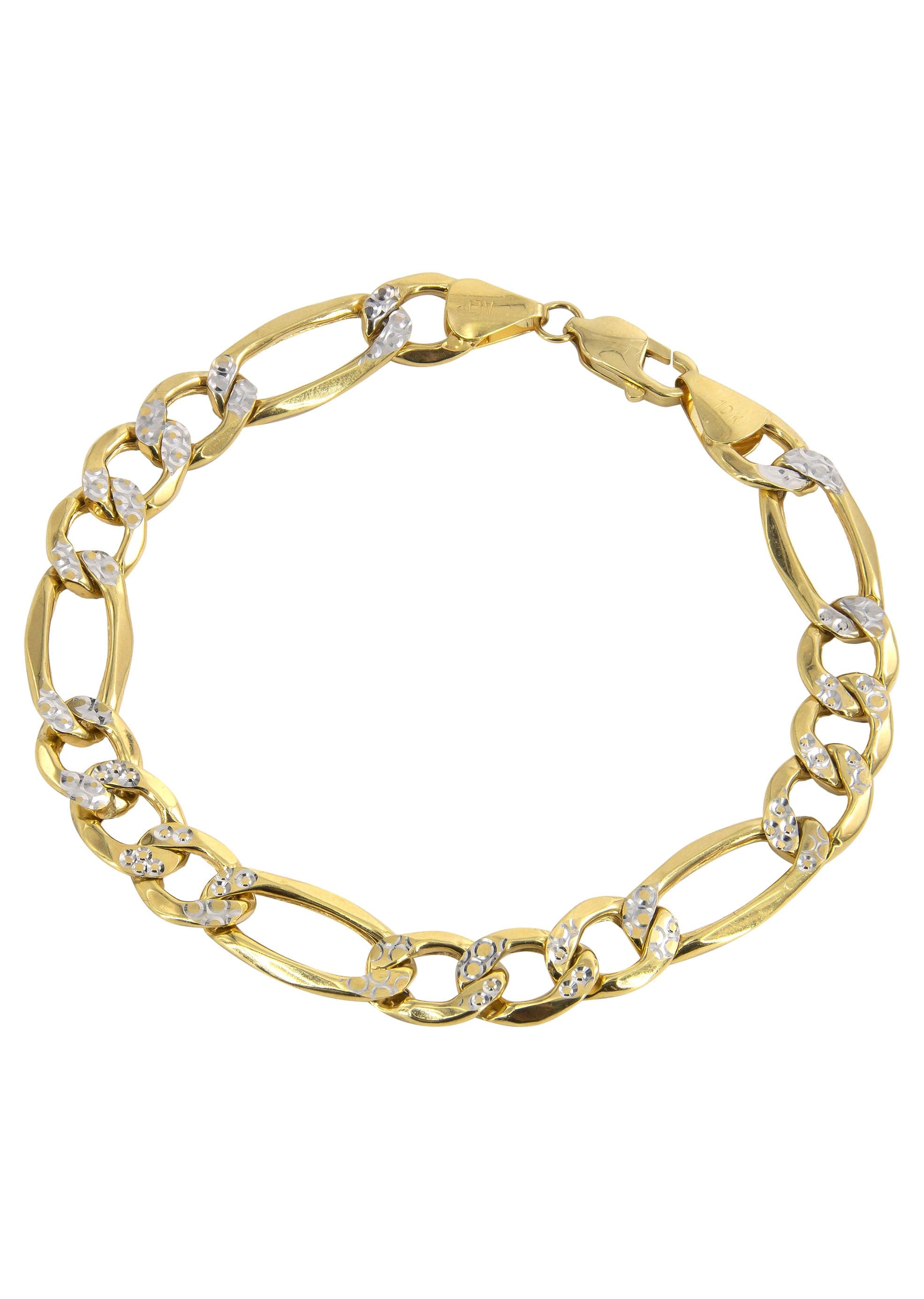 Diamond Cut Semi Solid Mens Figaro Bracelet 10K/14K Yellow Gold