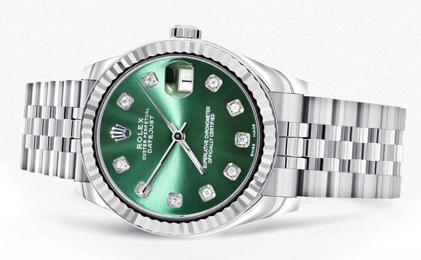 Diamond Rolex Watch | 68274 | Fluted Bezel | 31MM | Green Diamond Dial