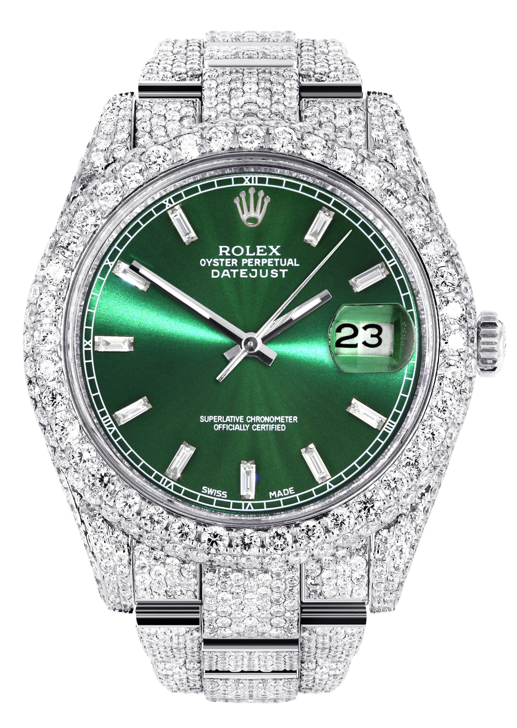 Diamond Iced Out Rolex Datejust 41 25 Carats Of Diamonds Green Dia