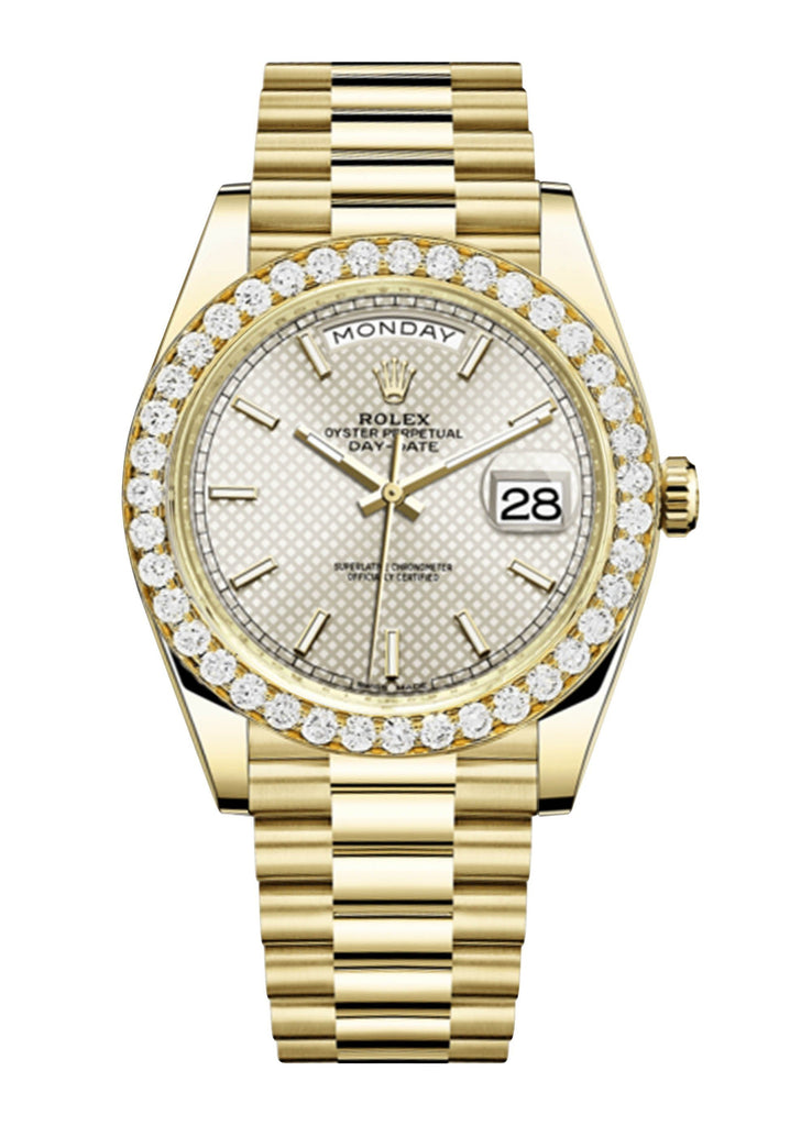 Rolex Day Date 40 Presidential Champagne Diagonal Motif Dial- Index Hour Markers With 4 Carats Of Diamonds WATCHES FROST NYC 