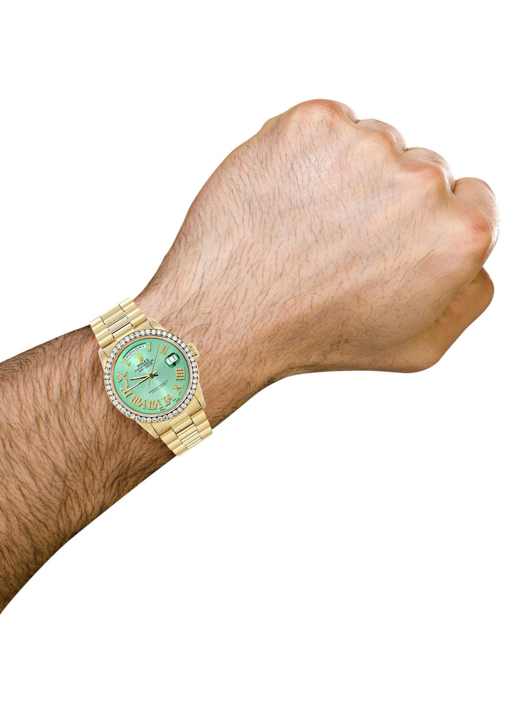 Rolex Day-Date | Presidential | 18K Yellow Gold | Diamond Bezel | Light Green Diamond Roman CUSTOM ROLEX FROST NYC 