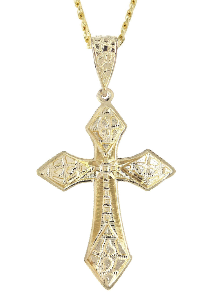 10K Yellow Gold Cuban Chain & Nugget Cross Pendant | Appx. 15.2 Grams chain & pendant FrostNYC 