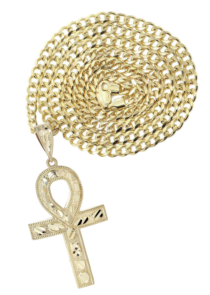 10K Yellow Gold Cuban Chain & Diamond Cut Ankh Pendant | Appx. 16.3 Grams chain & pendant FrostNYC 