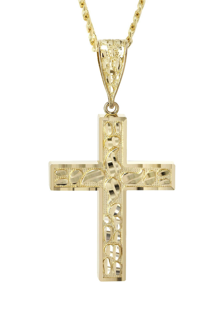 10K Yellow Gold Cuban Chain & Nugget Cross Pendant | Appx. 14.3 Grams chain & pendant FrostNYC 