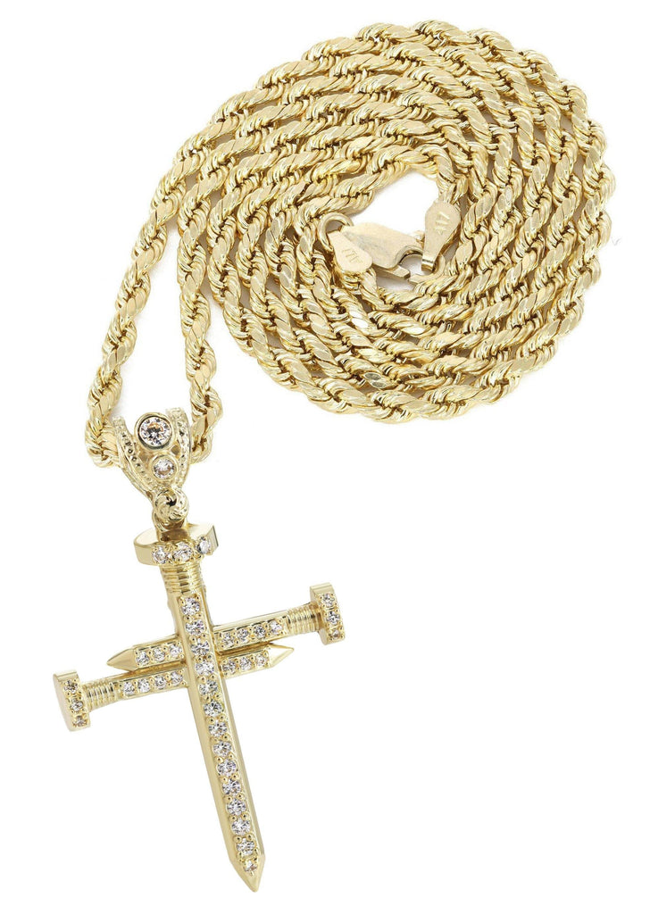 10K Yellow Gold Rope Chain & Cz Cross Pendant | Appx. 14.4 Grams chain & pendant FrostNYC 