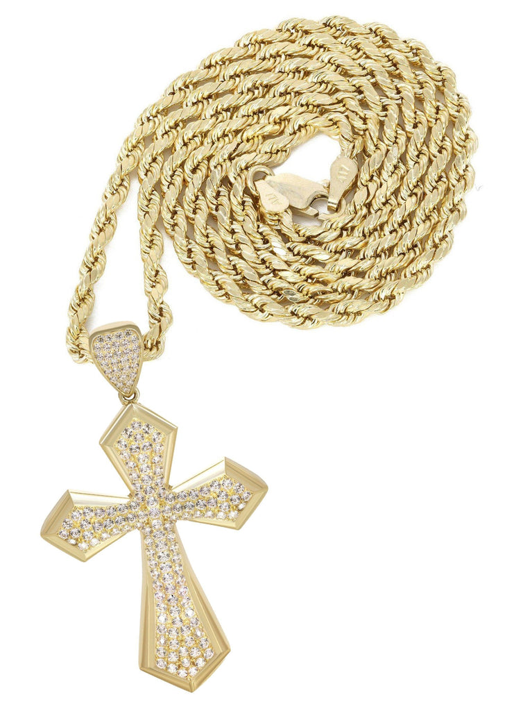 10K Yellow Gold Rope Chain & Cz Cross Pendant | Appx. 14.9 Grams chain & pendant FrostNYC 