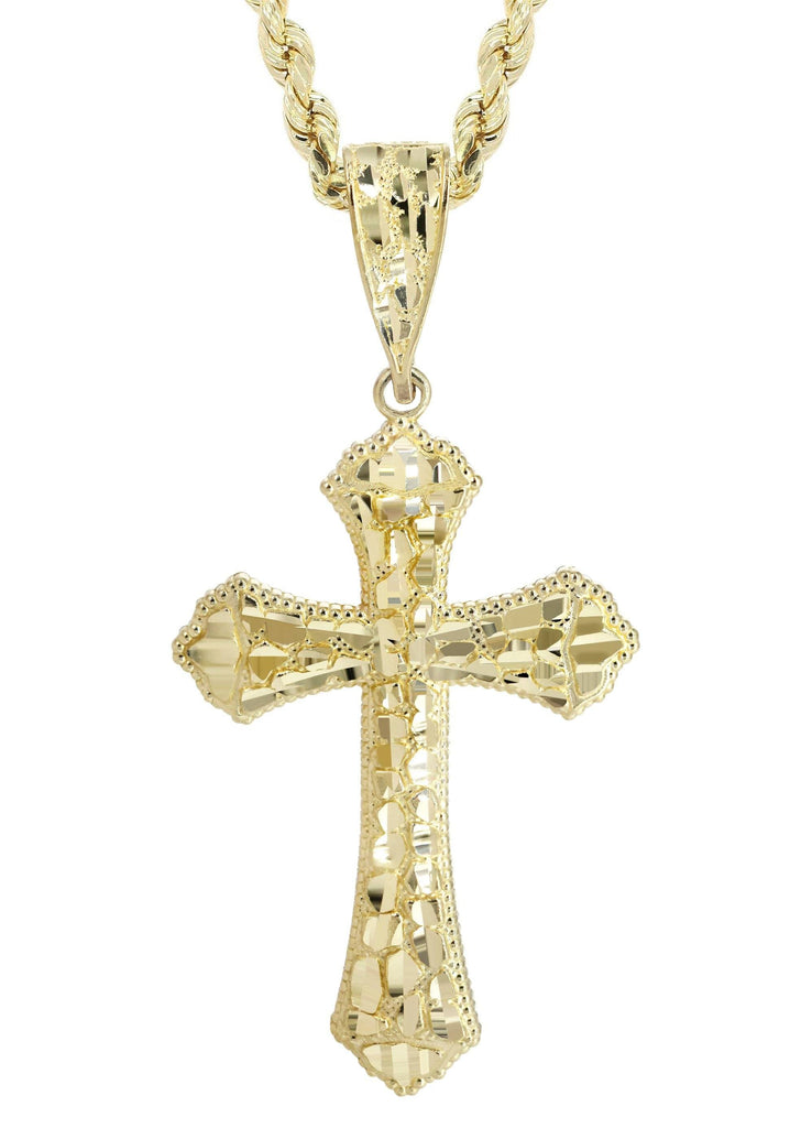 10K Yellow Gold Rope Chain & Nugget Cross Pendant | Appx. 13.7 Grams chain & pendant FrostNYC 