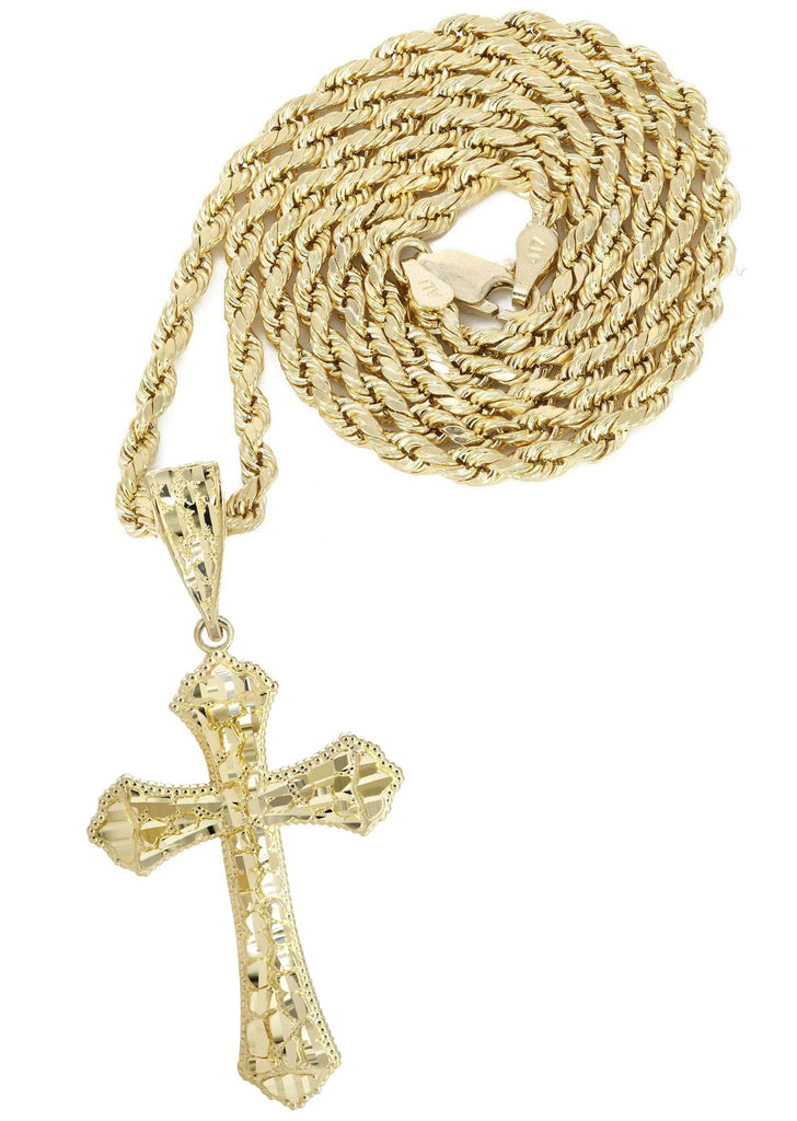 10K Yellow Gold Rope Chain & Nugget Cross Pendant | Appx. 13.7 Grams chain & pendant FrostNYC 