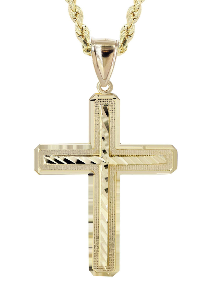 10K Yellow Gold Rope Chain & Diamond Cut Cross Pendant | Appx. 13.4 Grams chain & pendant FrostNYC 