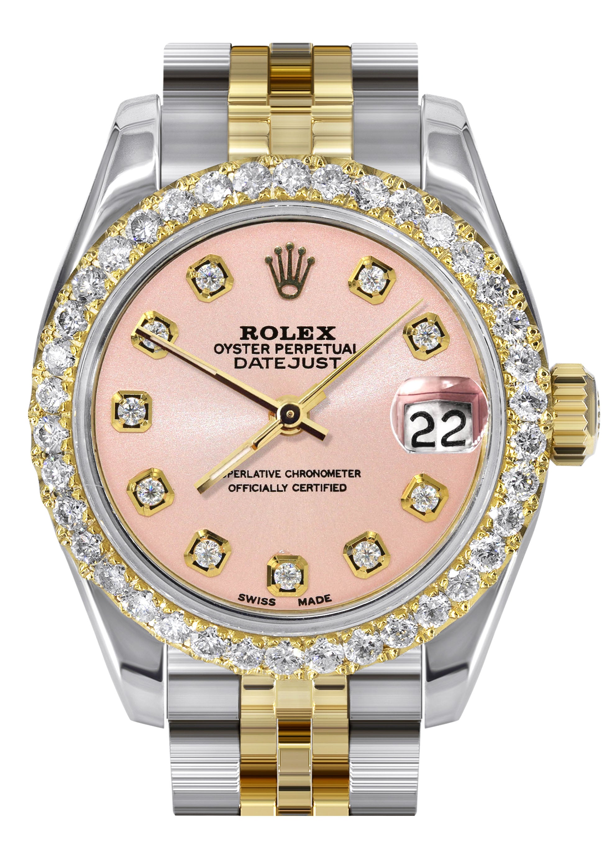 Womens Diamond Gold Hidden Clasp Rolex Watch | 1 Carat Bezel | 26Mm |