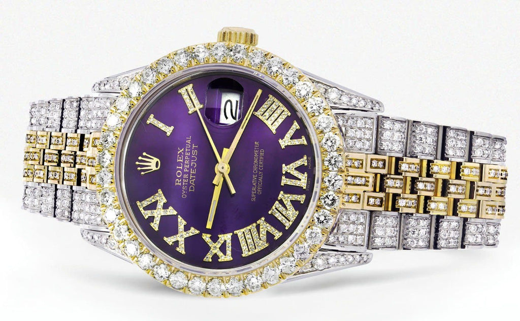 Iced Out Rolex Datejust 36 MM | Two Tone | 10 Carats of Diamonds | Purple Roman Diamond Dial CUSTOM ROLEX FrostNYC 