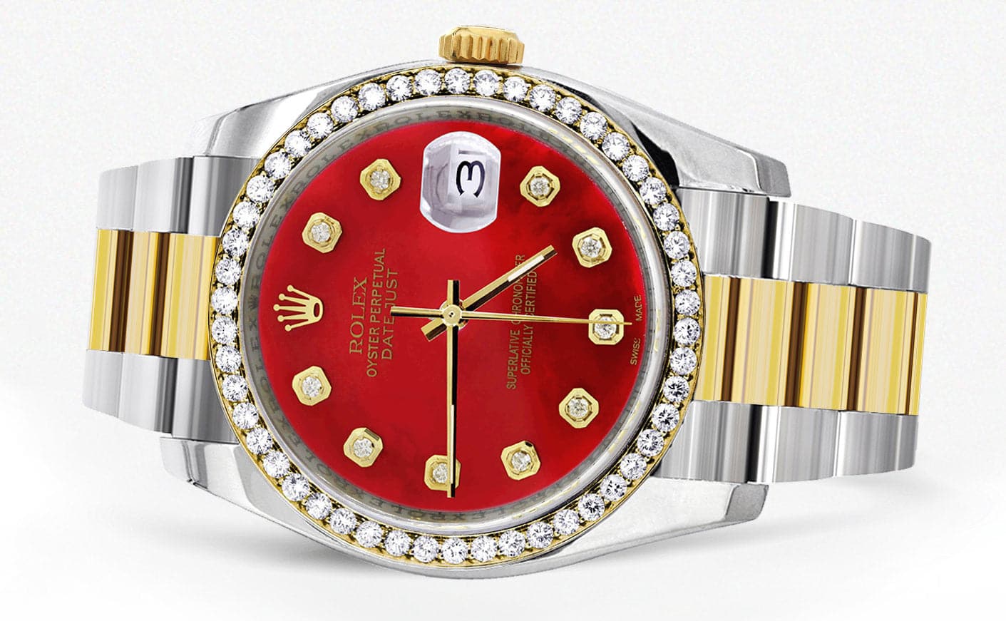 116233 | Diamond Gold Rolex Watch For Men | 36Mm | Red Dial | Oyster B