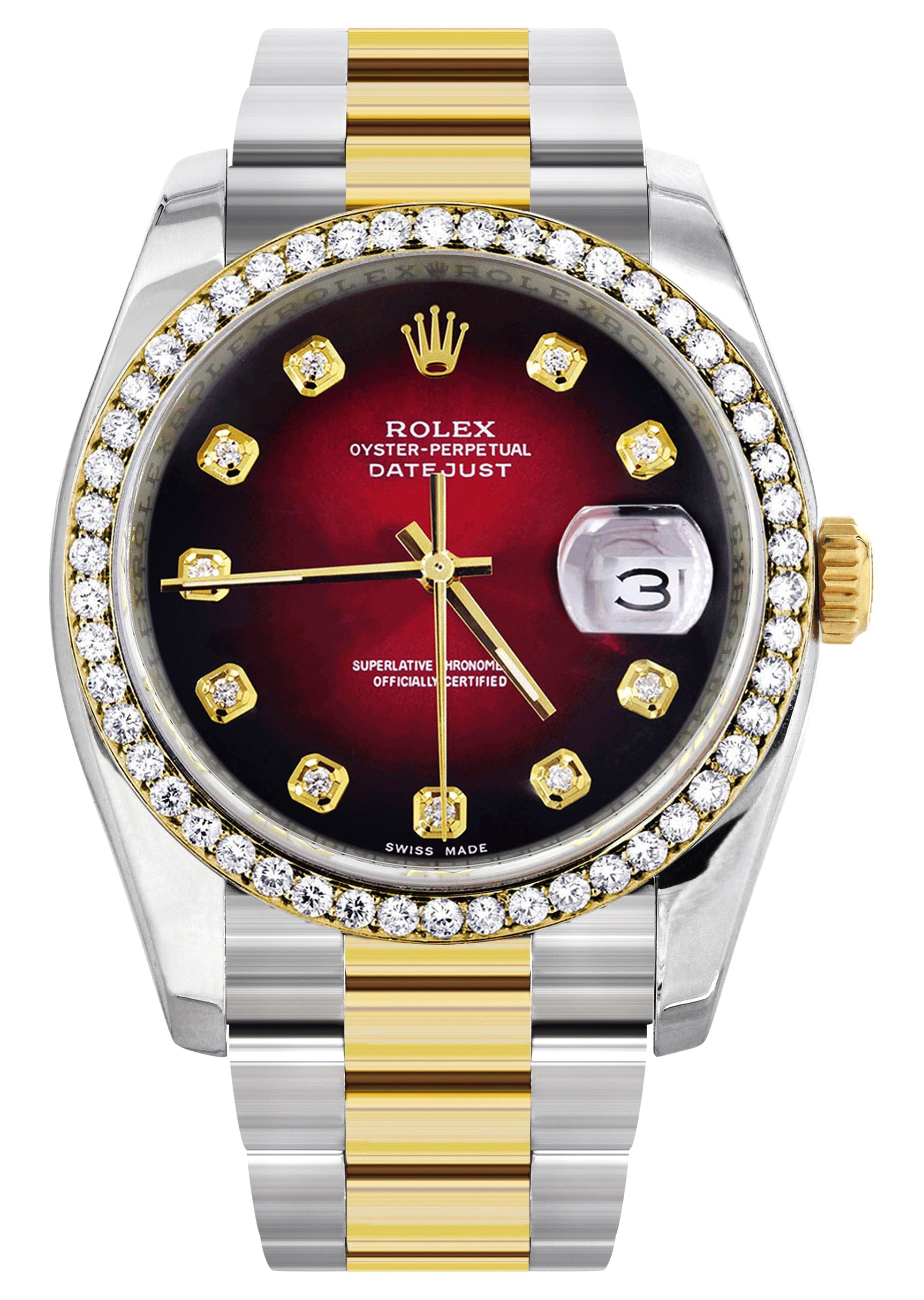 116233 | Diamond Gold Rolex Watch For Men | 36Mm | Red Black Dial | Oy