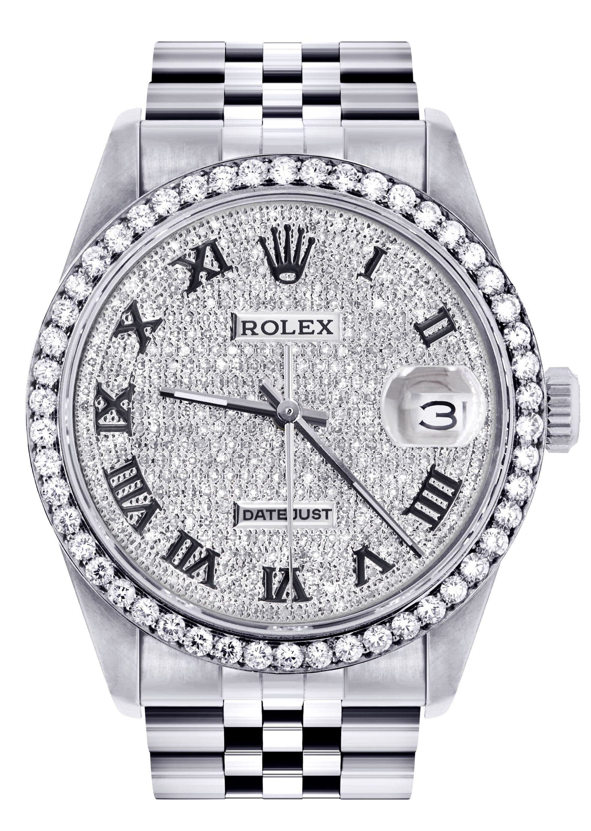 Mens Diamond Rolex Datejust Watch 16200 36MM Fully Iced Out Diamond Roman Dial Jubilee Band