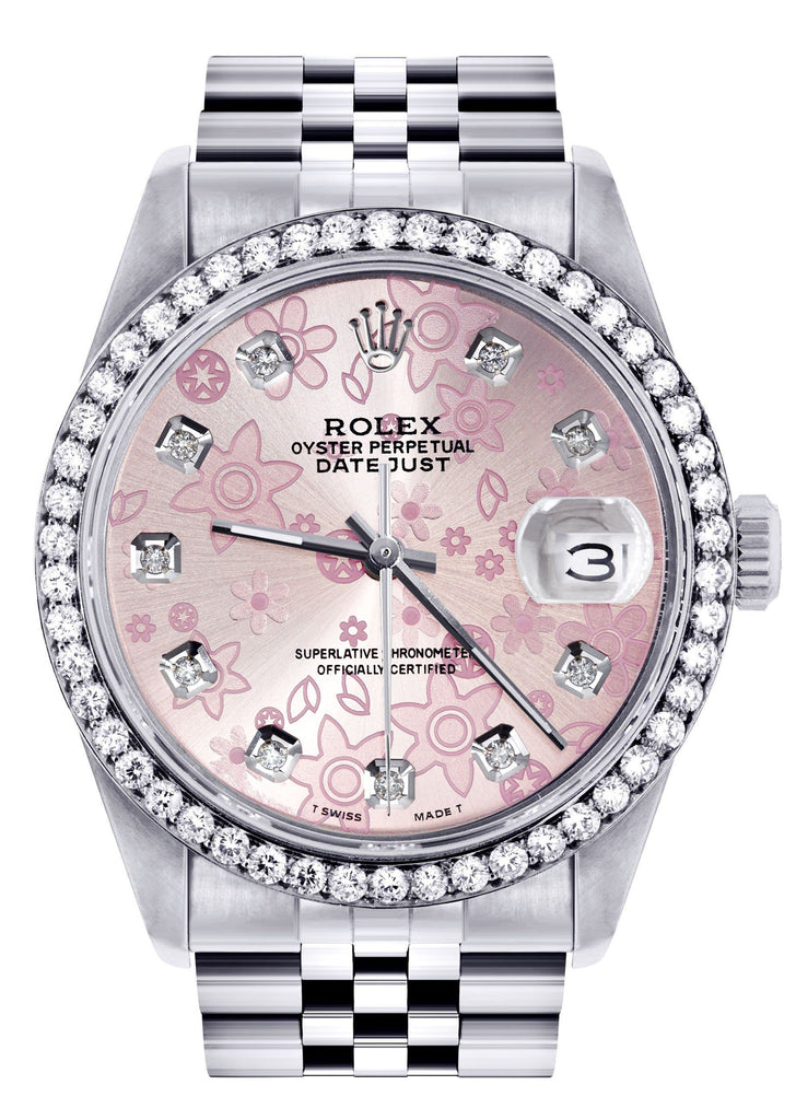 Womens Rolex Datejust Watch | 36Mm | Pink Diamond Flower Dial | Jubilee Band women custom rolex FrostNYC 