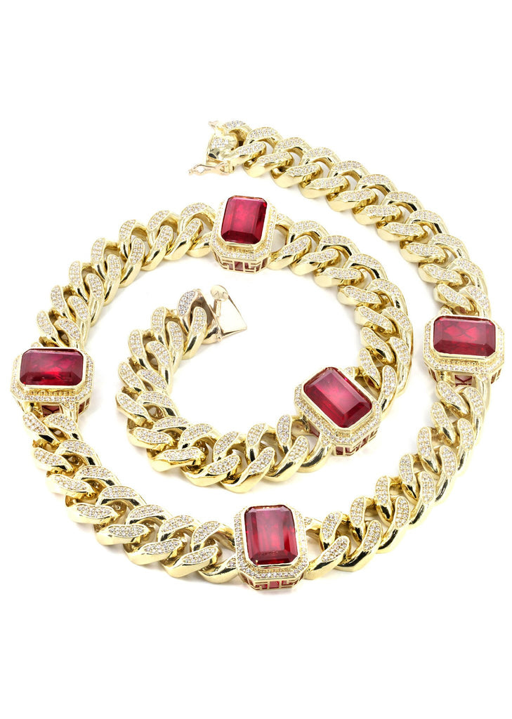 Solid Mens Ruby & Cz Miami Cuban Link Chain 10K Yellow Gold MEN'S CHAINS FROST NYC 