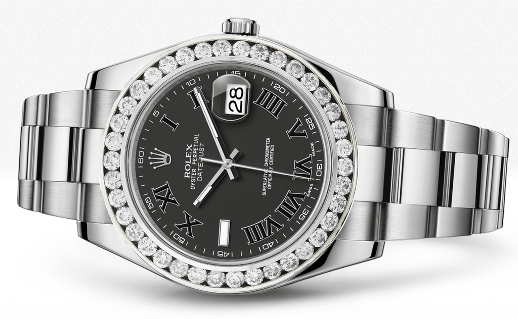 Rolex Datejust Ii Black Dial - Black Roman Numbers With 5 Carats Of Diamonds WATCHES FROST NYC 