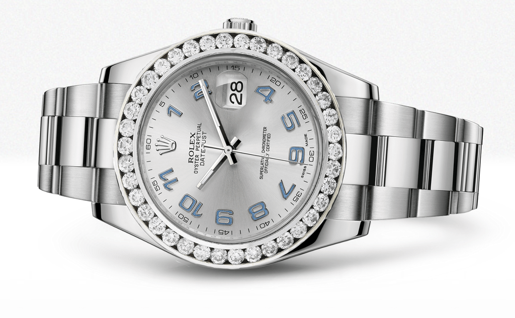 Rolex Datejust Ii Grey Dial - Blue Arabic Numberals With 5 Carats Of Diamonds WATCHES FROST NYC 