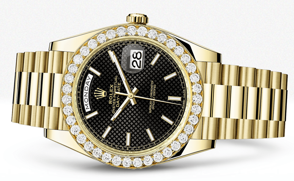 Rolex Day Date 40 Presidential Black Diagonal Motif Dial - Index Hour Markers With 4 Carats Of Diamonds WATCHES FROST NYC 
